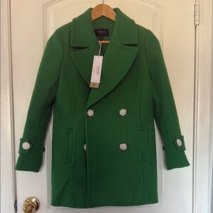Elegant Green Double-Breasted Coat with White Accents